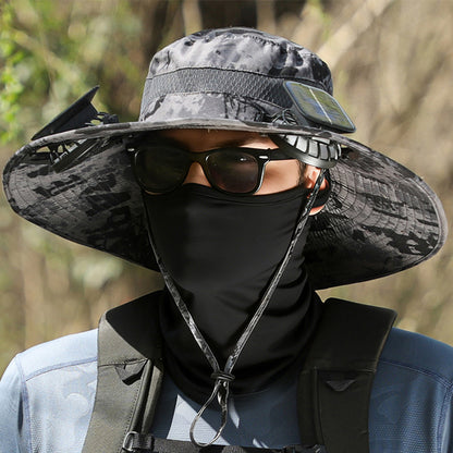 Wide Brim Sun Hat with Fans Solar Power UPF 50+ Bucket Fishing and Beach Hat-Grey