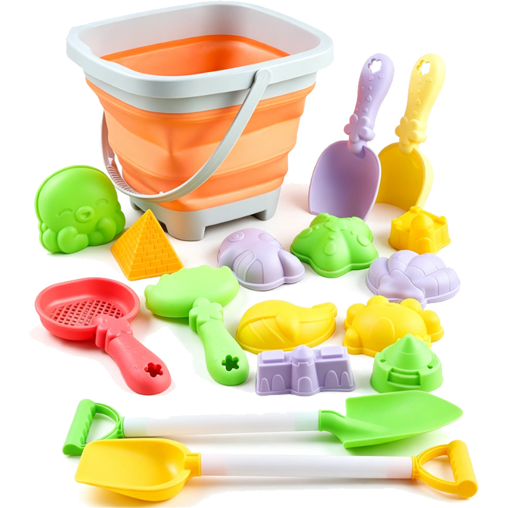 17 Piece Set Beach Toy Set with Foldable Sand Bucket - Orange