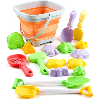 17 Piece Set Beach Toy Set with Foldable Sand Bucket - Orange
