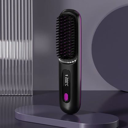 Cordless Hair Straightening Brush Portable Electric Heat-Up Straightener Comb Black