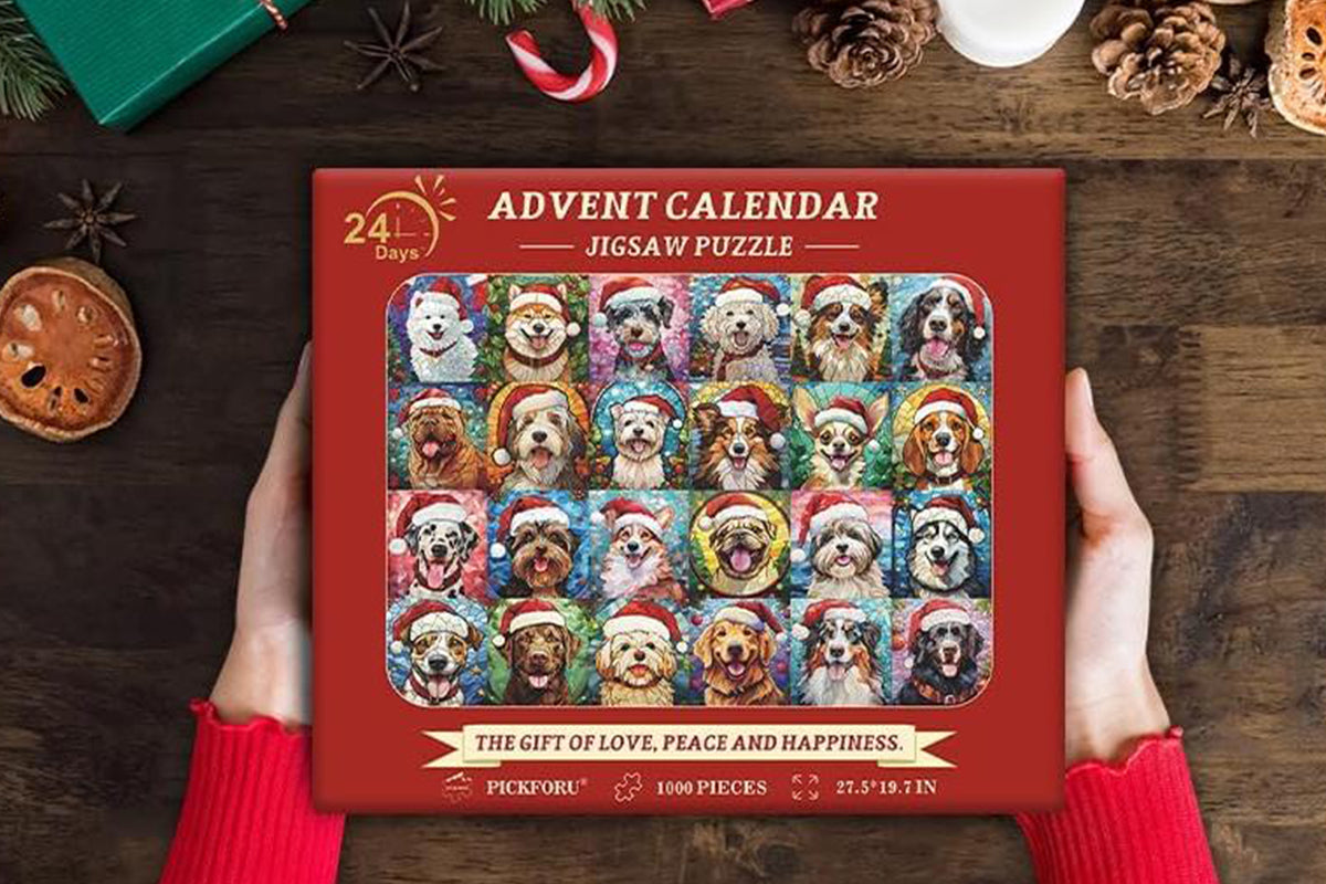 Christmas Advent Calendar 2024 Puzzles for Adults 1000 Pieces Dog Mosaic Stained Glass Puzzle Countdown Calendar
