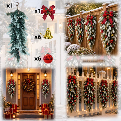 2 Pieces 60cm Christmas Teardrop Wreath with Pine Needles Bells