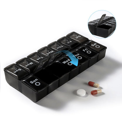 Pill Box Organiser 7-Day Weekly for AM PM Day Night Pill Case with 14 Compartments Black