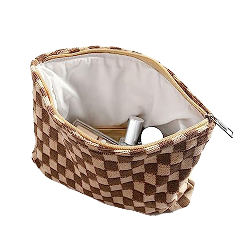 2Pcs Checkered Makeup Bags Travel Toiletry Bag Organizer Makeup Storage Bags Brown