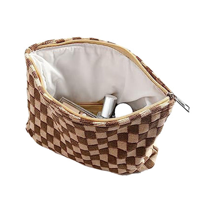 2Pcs Checkered Makeup Bags Travel Toiletry Bag Organizer Makeup Storage Bags Brown