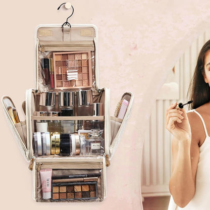 Travel Makeup Bag with Hanging Hook Large Capacity-Beige