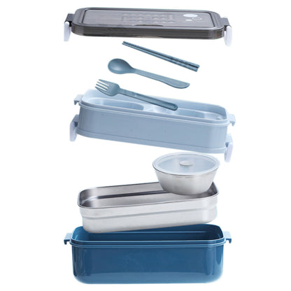 Stackable 3-Compartment Bento Box Lunch Containers with Dinnerware & Seal Cover Blue