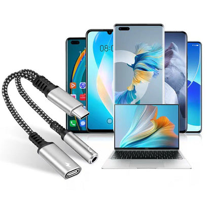 2-in-1 Type-C Audio and Charging Adapter for USB-C Devices with 30W Fast Charge Silver
