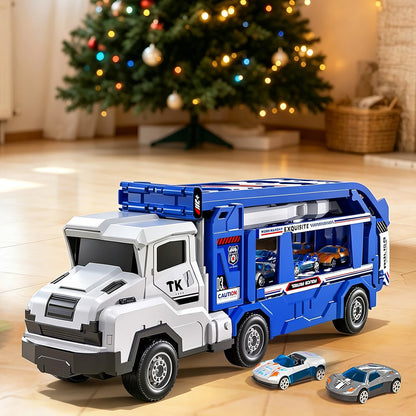 Large Dual Track Transporter Truck Toy Set with 6 Alloy Racing Cars - Blue