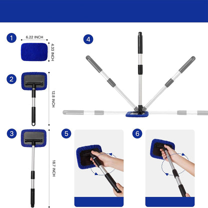 11Pcs Car Windshield Cleaning Tool Kit Telescopic Pole with Washable Pads