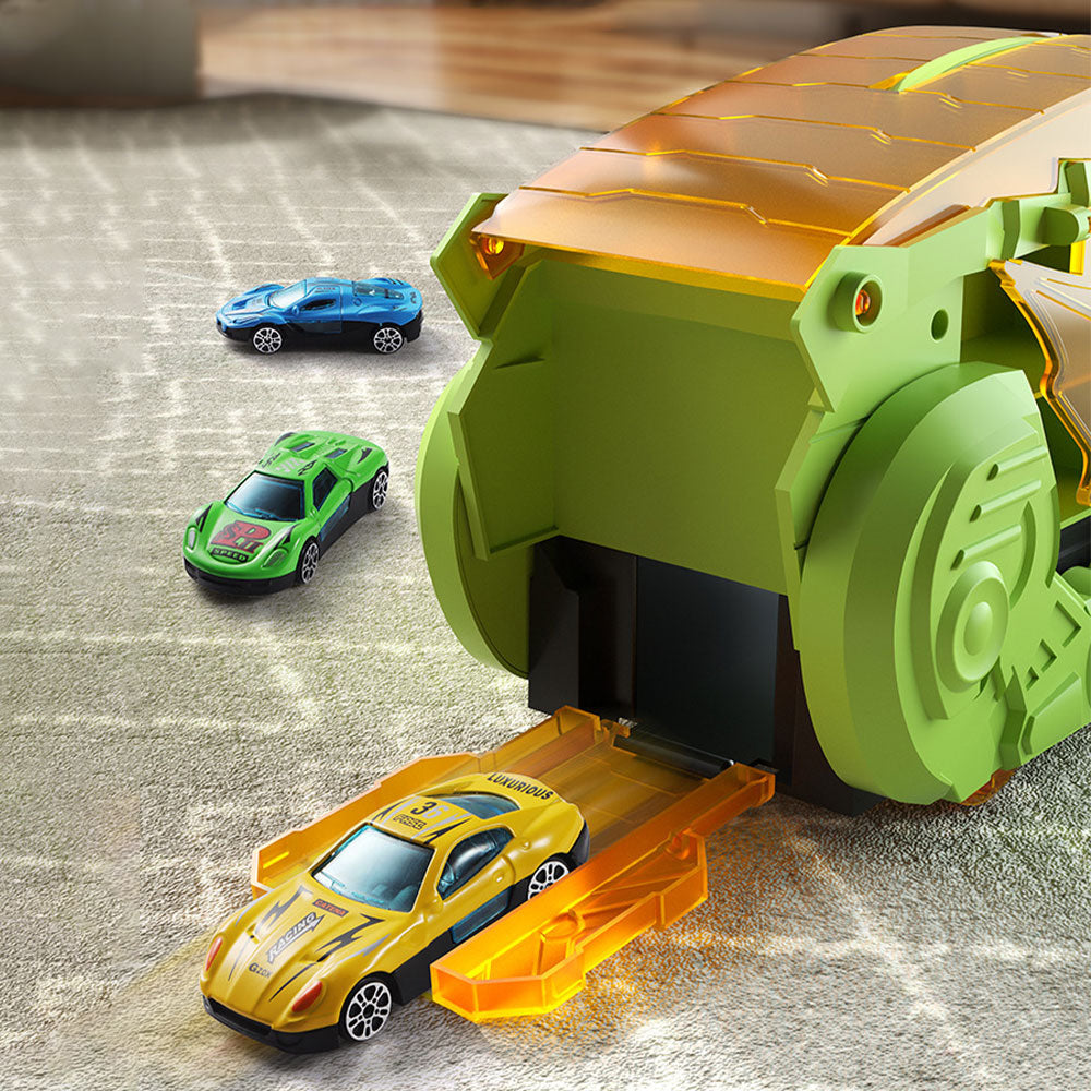 7Pcs Set Dinosaur Truck Toys Foldable Transport Track with 6 Pull Back Cars for Kids Christmas Birthday Green