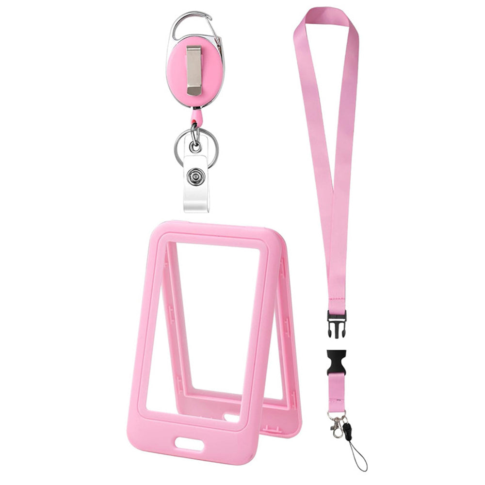 2Pcs Retractable Badge Holder with Lanyard for ID Cards-Pink