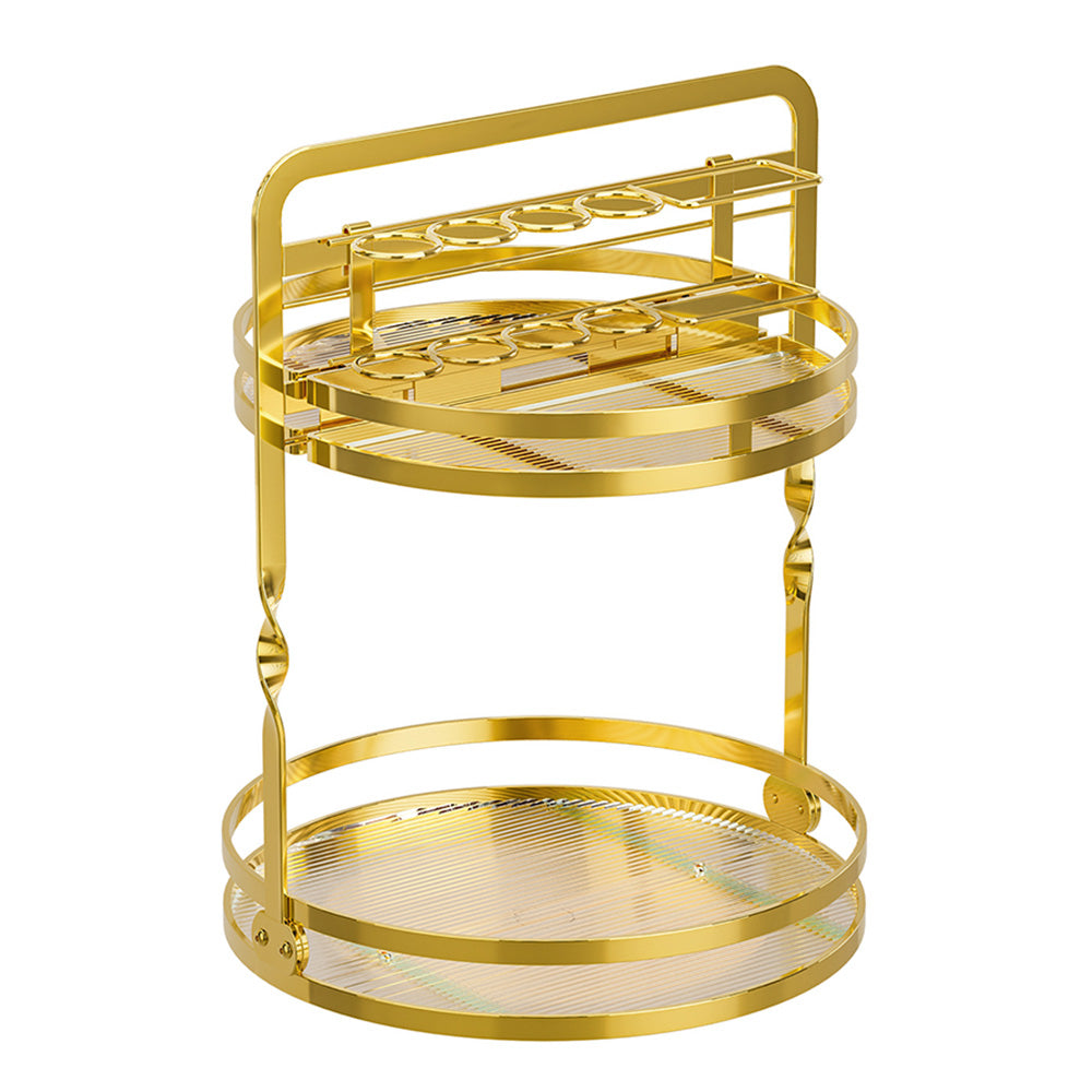 Rotating Makeup Organizer Double Layer with Brush Holder for Skincare Perfume-Gold