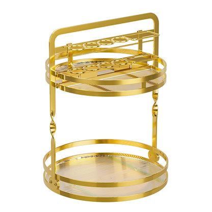 Rotating Makeup Organizer Double Layer with Brush Holder for Skincare Perfume-Gold