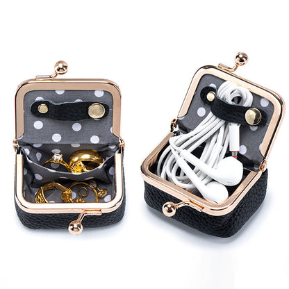 Mini Genuine Leather Jewelry Box Portable Vintage-Inspired Jewelry Case with Kiss Lock for Earring Ring Black