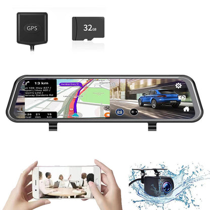 12 inch 4K Streaming Rearview Mirror Dash Cam with Dual Lens & Night Vision