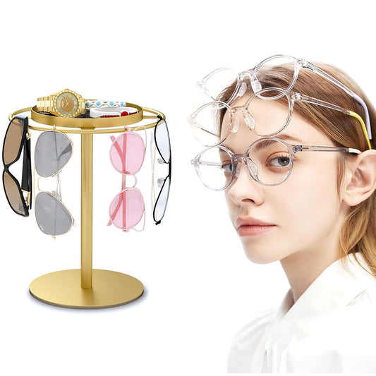Metal Glasses Organizer Stand with Storage Tray Stylish Desk Organizer for Sunglasses Jewelry Gold
