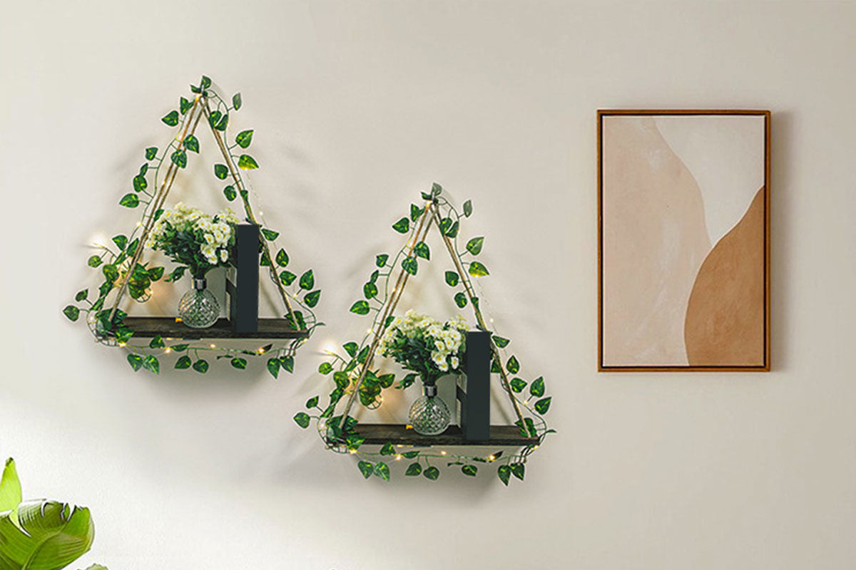 2Pcs Artificial Ivy LED Strip Wall Hanging Shelves Macrame Shelf For Bedroom