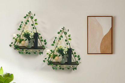 2Pcs Artificial Ivy LED Strip Wall Hanging Shelves Macrame Shelf For Bedroom