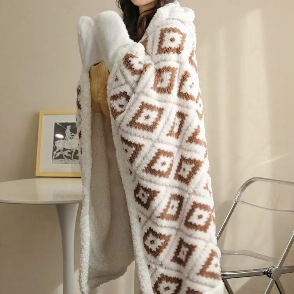 Winter Warm Blanket Jacquard Thickened Multi-Functional Blanket with Hood and Gloves Coffee