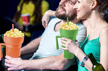 Reusable Tumbler Popcorn Cup Beverage Snack Multifunctional Split Cup With Straw-Green