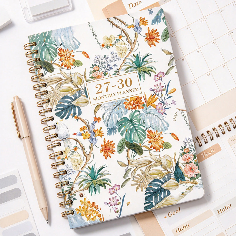2027 to 2030 Four Year A5 Spiral Monthly Goal Planner Notebook - White Floral
