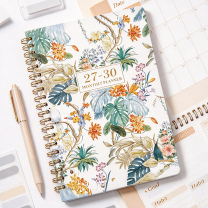 2027 to 2030 Four Year A5 Spiral Monthly Goal Planner Notebook - White Floral