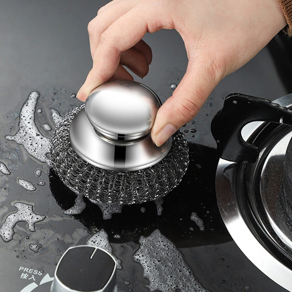 Scourer with Handle Stainless Steel Kitchen Scrubber Metal Scourers with 5 Replacement Heads