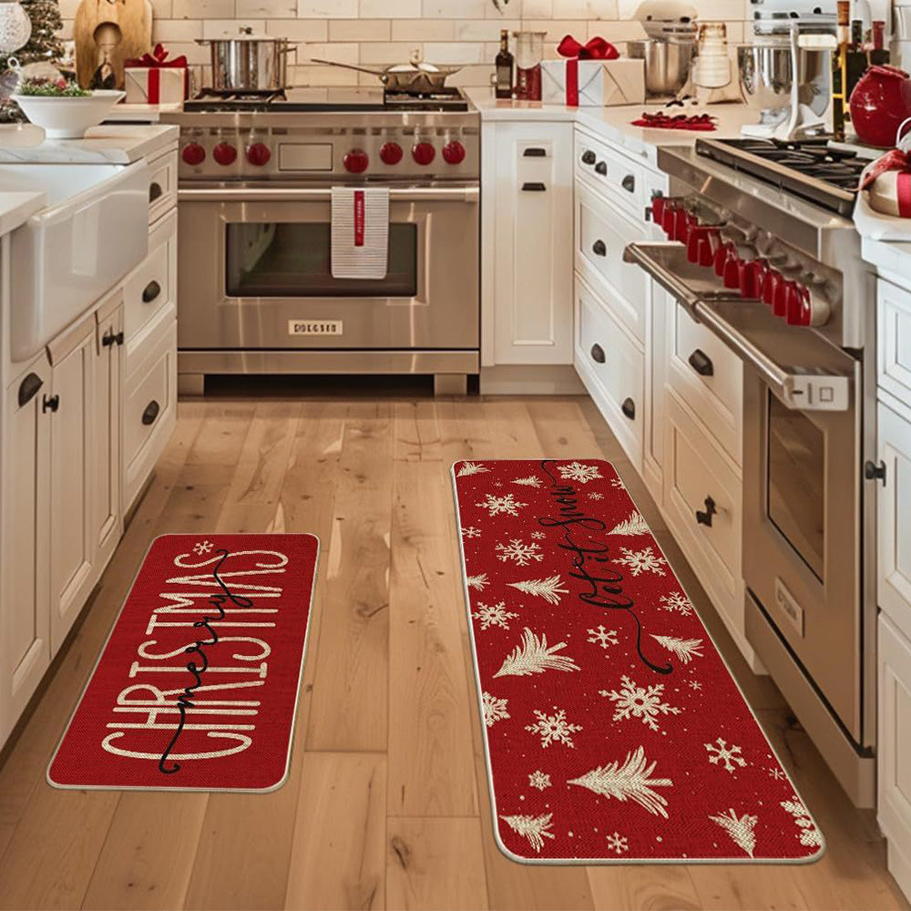 2Pcs Merry Christmas Kitchen Rugs Holiday Print Mats Home Kitchen Decor