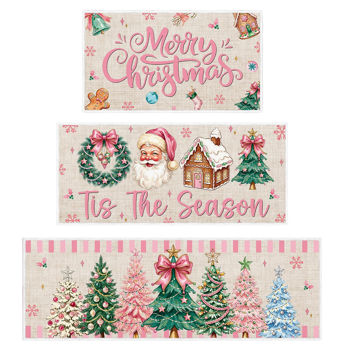 3 Piece Christmas Kitchen Floor Mat Set - Pink Christmas Tree