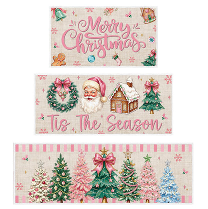 3 Piece Christmas Kitchen Floor Mat Set - Pink Christmas Tree