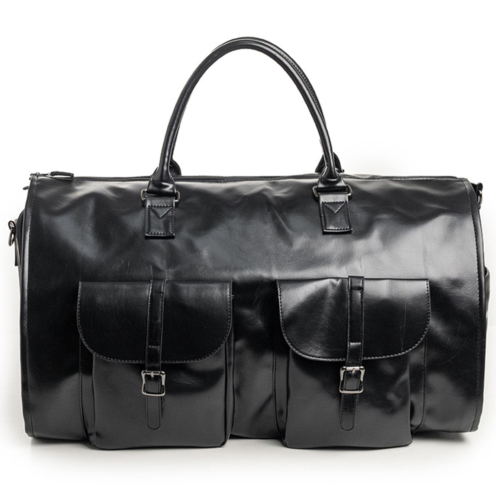 Foldable Carry on Duffel Bag PU Leather Overnight Luggage Bag With Shoes Compartment-Black
