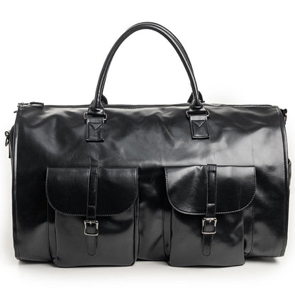 Foldable Carry on Duffel Bag PU Leather Overnight Luggage Bag With Shoes Compartment-Black