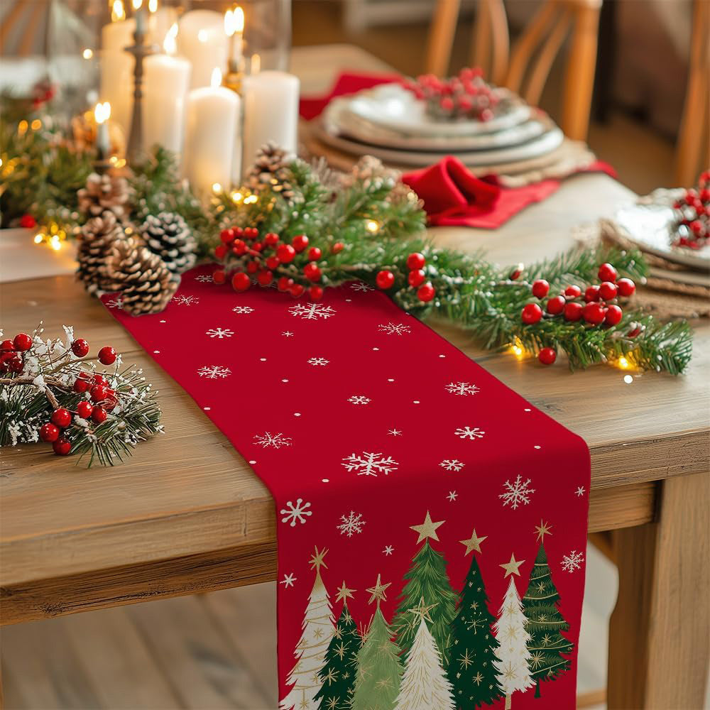 Christmas Table Runner with Xmas Trees Festive Tablecloth Cover for Kitchen Dinner Party Red