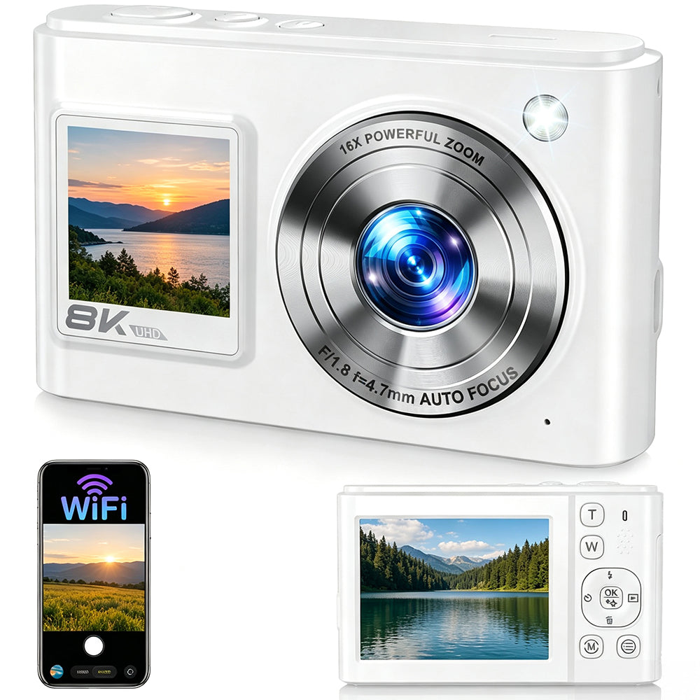 8K Dual Screen Digital Camera 96MP WiFi Camera for Photography - White