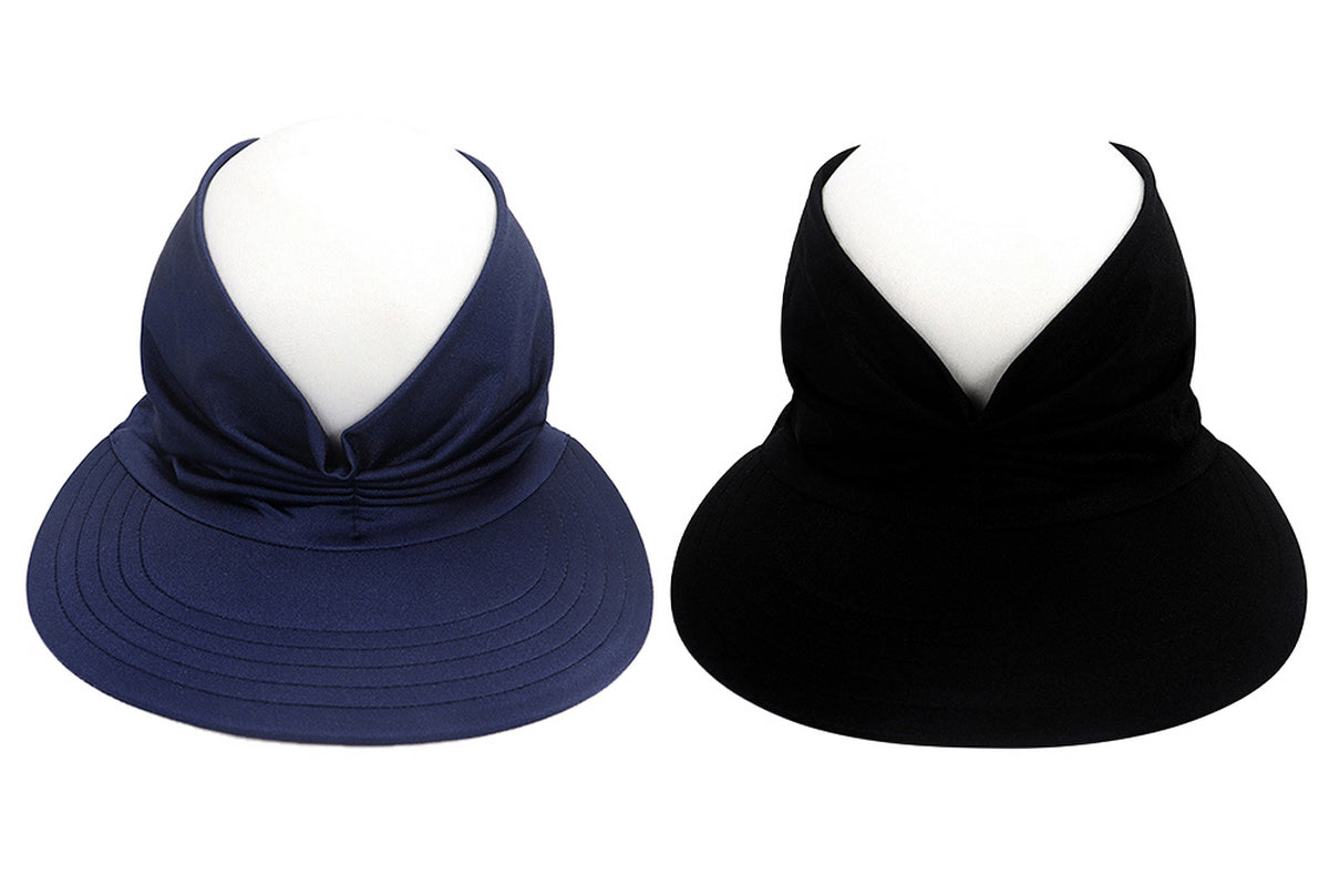 2Pcs Womens Elastic Beach Summer Sun Hats Wide Brim Visor UV Protection-Black And Navy