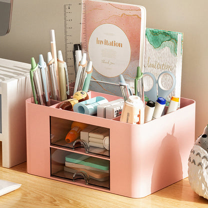 Multi-Functional Pen Organizer with 2 Drawer Office Art Supplies Holder for Desk Pink