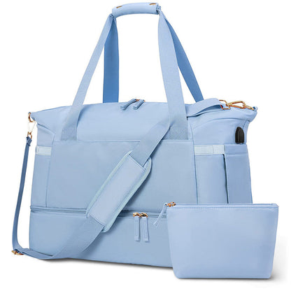 37L Women Fitness Travel Bag Waterproof USB Charging Carry-On Overnight Sky Blue