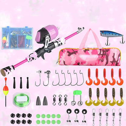 57Piece Set Telescopic Fishing Rod Kit for Beginner with Spinning Reel Lures - Pink