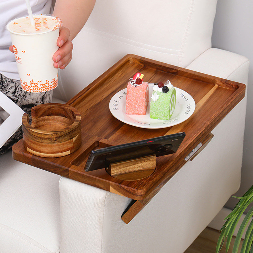3-in-1 Wood Sofa Arm Tray Snap-on Couch Snack Cup Armrest Table with 360-Degree Rotating Phone Holder