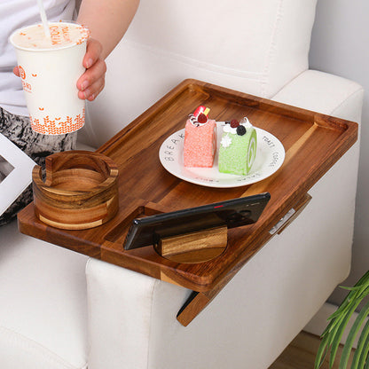 3-in-1 Wood Sofa Arm Tray Snap-on Couch Snack Cup Armrest Table with 360-Degree Rotating Phone Holder