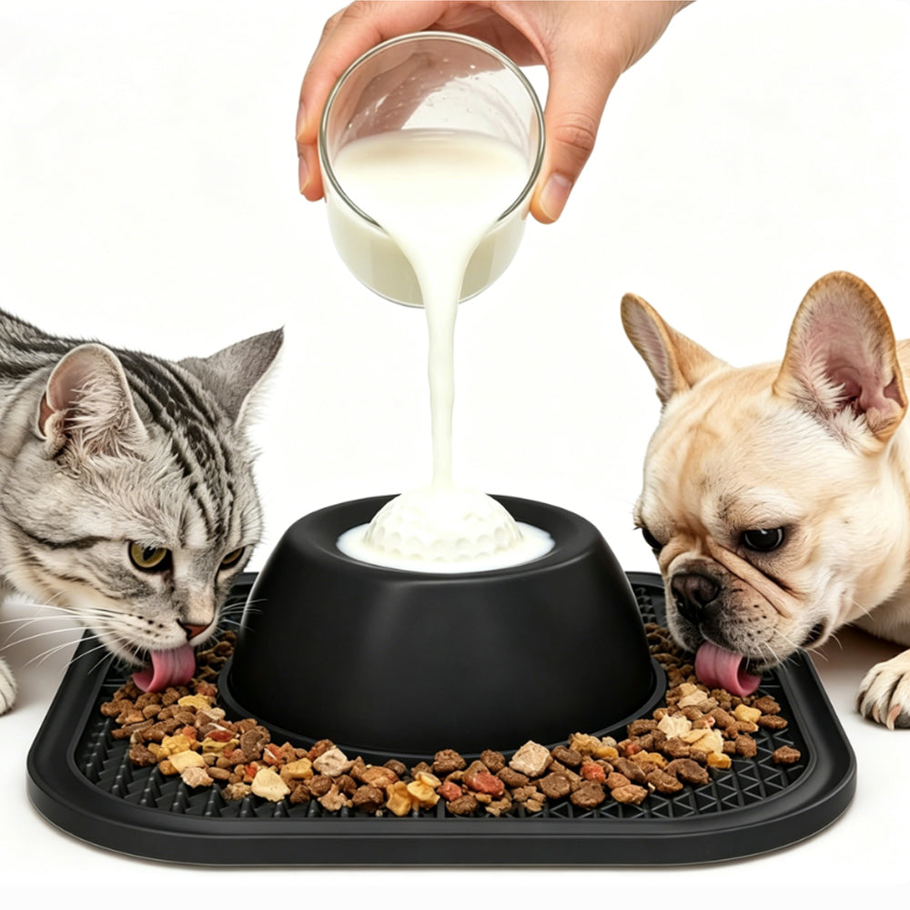 2 in 1 Dog Slow Feeder Bowl with Rolling Ball Lick Mat Non Slip Suction Cup-Black