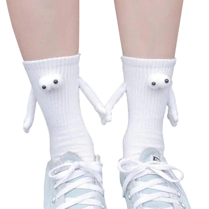 Pair of Funny Magnetic Suction 3D Doll Couple Holding Hands Socks for Women Men White
