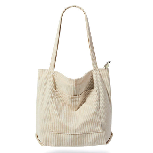 Women Corduroy Tote Bag Shoulder Hobo Bag Big Capacity Shopping Work Bag Beige