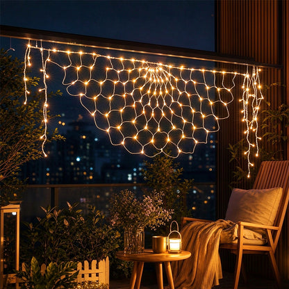 3 Panel Waterfall Curtain Lights Solar Peacock Net String Lights - Warm White