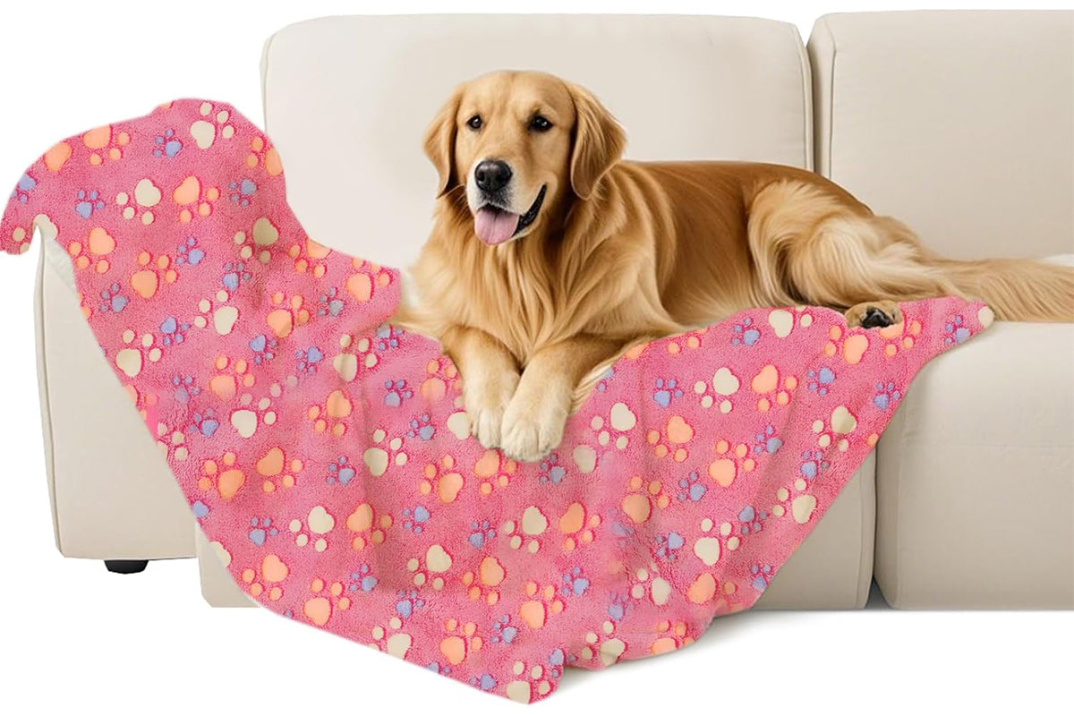 107x75cm Fluffy Fleece Dog Blanket Mat Paw Print Puppy Kitten Throw Blanket -Pink