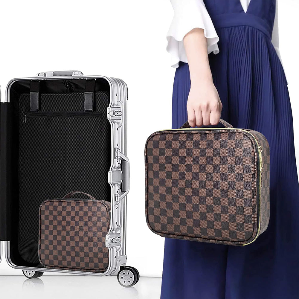 Checkered Travel Makeup Bag Adjustable Partition Cosmetic & Toiletry Organizer
