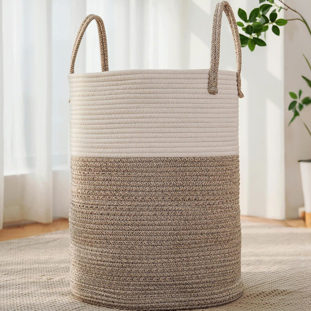 Large Woven Laundry Basket Cotton Rope Hamper for Laundry Toys & Blankets-Brown