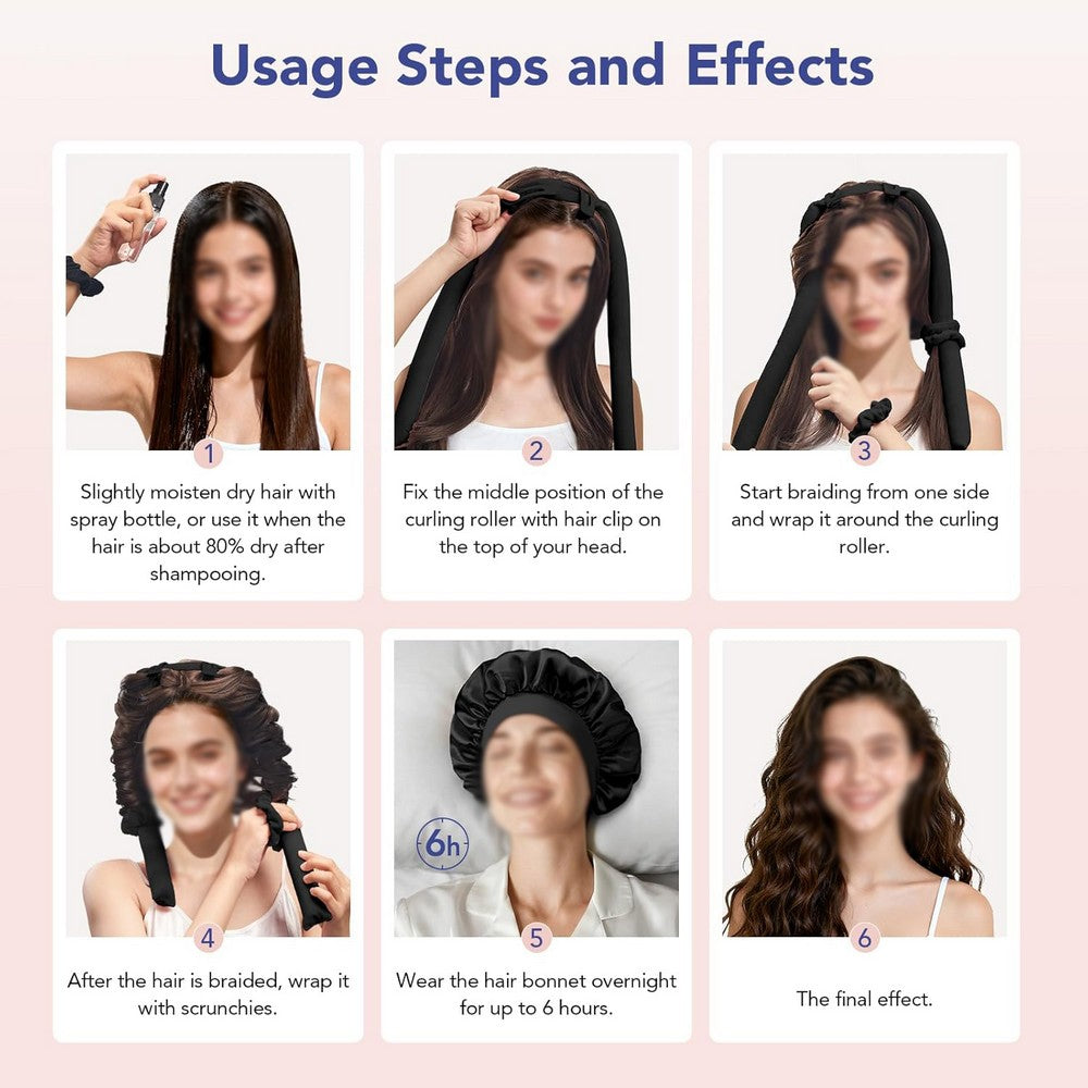 Heatless Curls Overnight 2 Sizes of Soft Hair Rollers with Scrunchies and Clips-Black