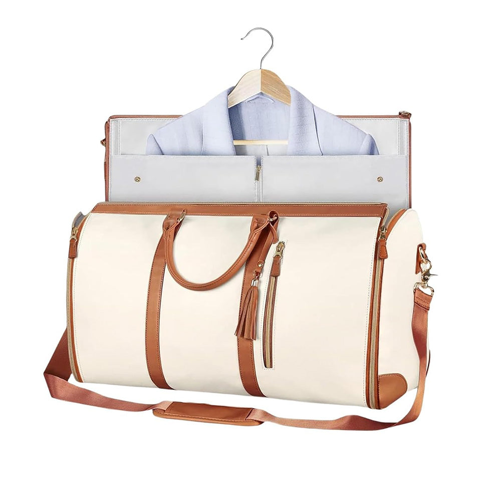 Water-Resistant Garment Duffle Bag Duffle Bag PU Leather Travel Bag -Beige
